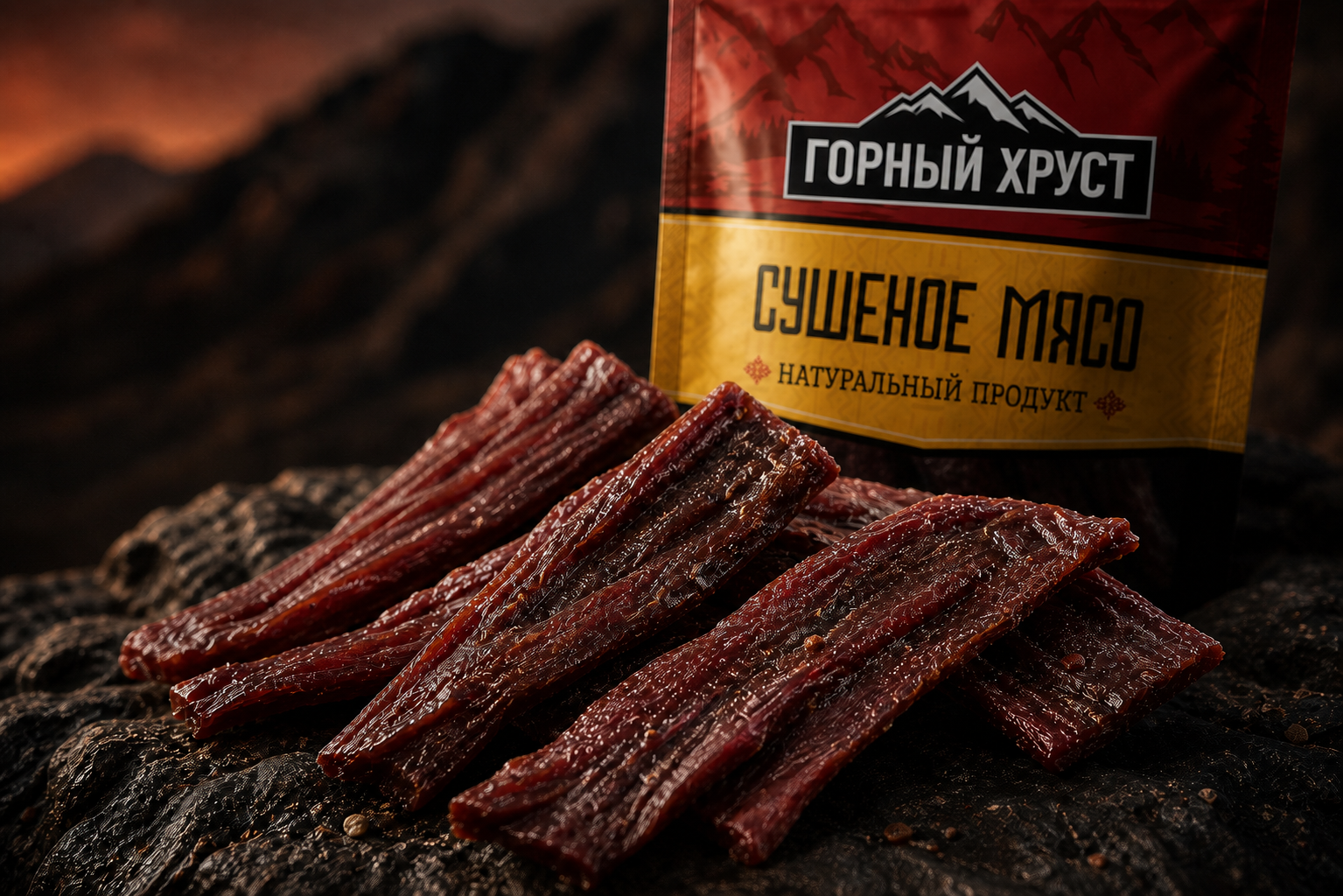Кусочки сушёной говядины ГОРНЫЙ ХРУСТ на тёмном камне